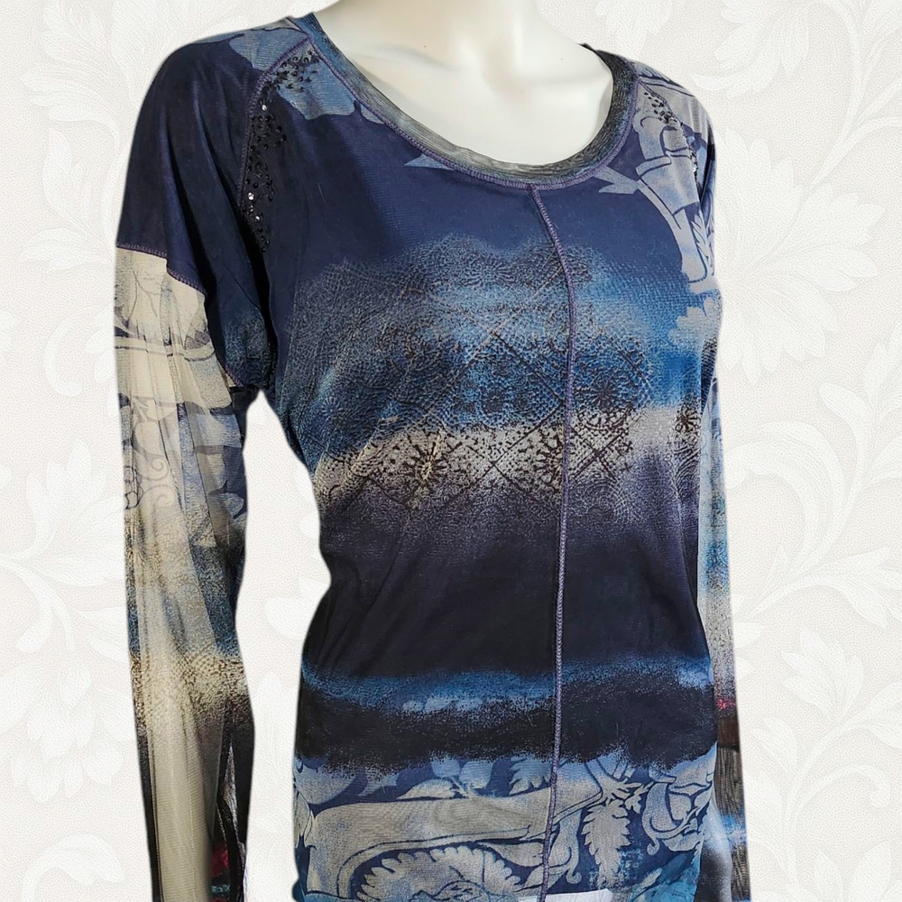 Marc Aurel Mesh Long Sleeve Top Women’s L Blue Grunge Y2K Printed